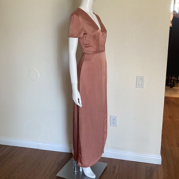 WAYF Rose Gold Gwyneth Wrap Satin Midi Dress Size Small - Picture 7 of 16